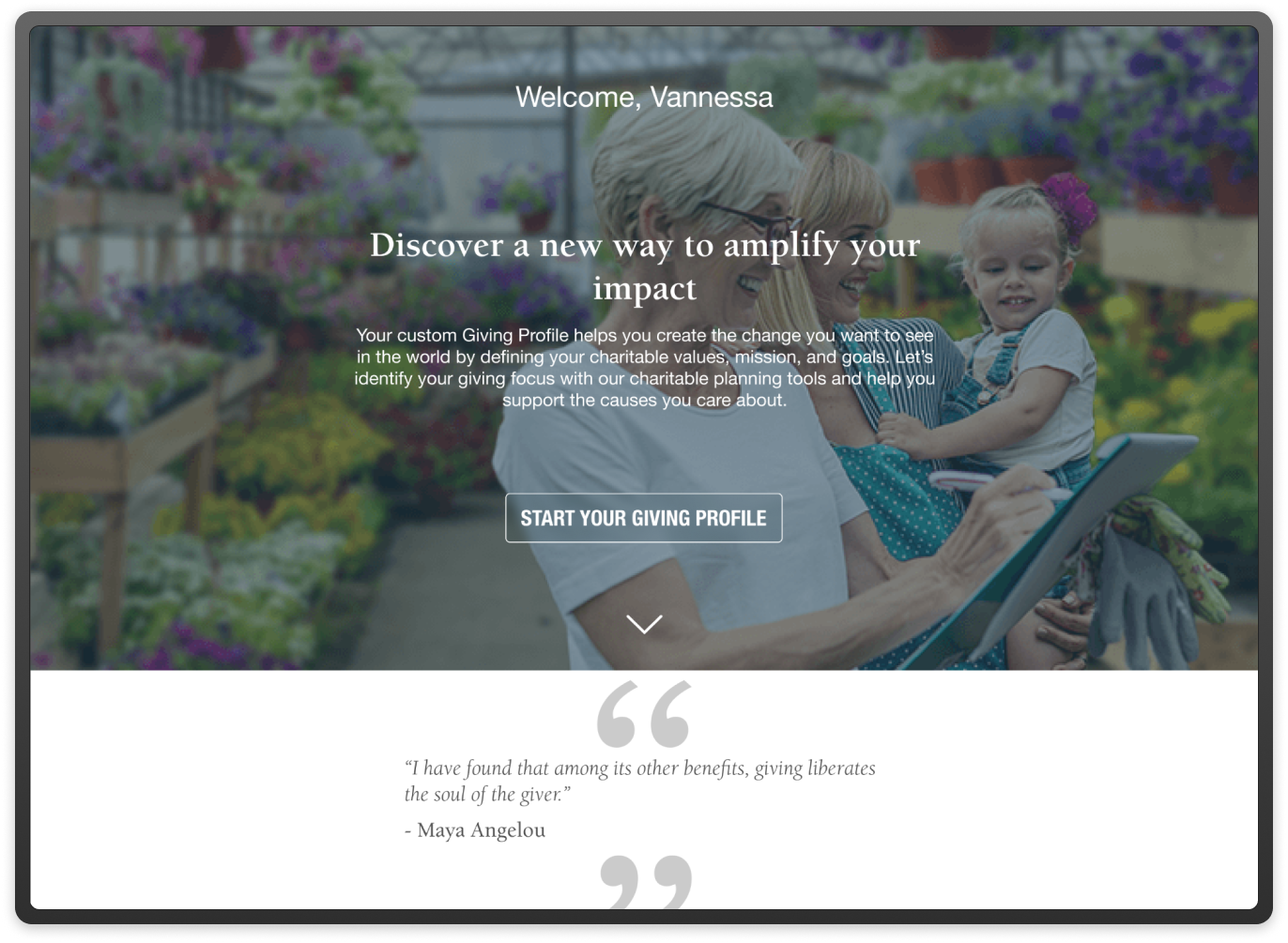 Vangaurd Charitable's in-progress wireframes and final mockups