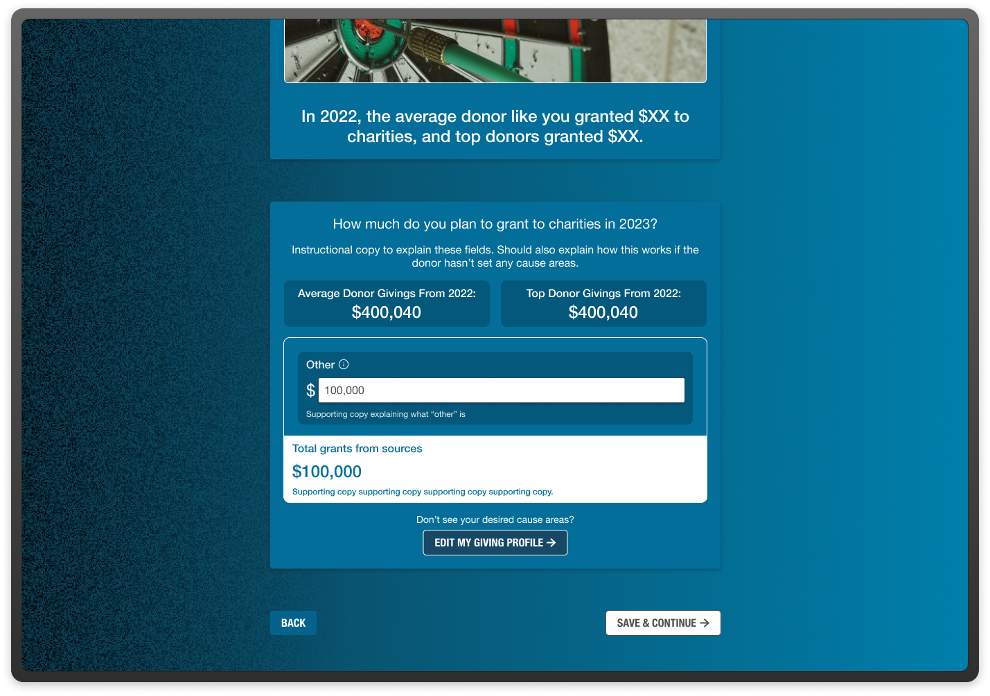 Vangaurd Charitable's in-progress wireframes and final mockups