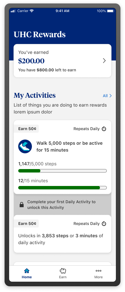 screenshot of a mockup of UHC's Rewards App's homepage